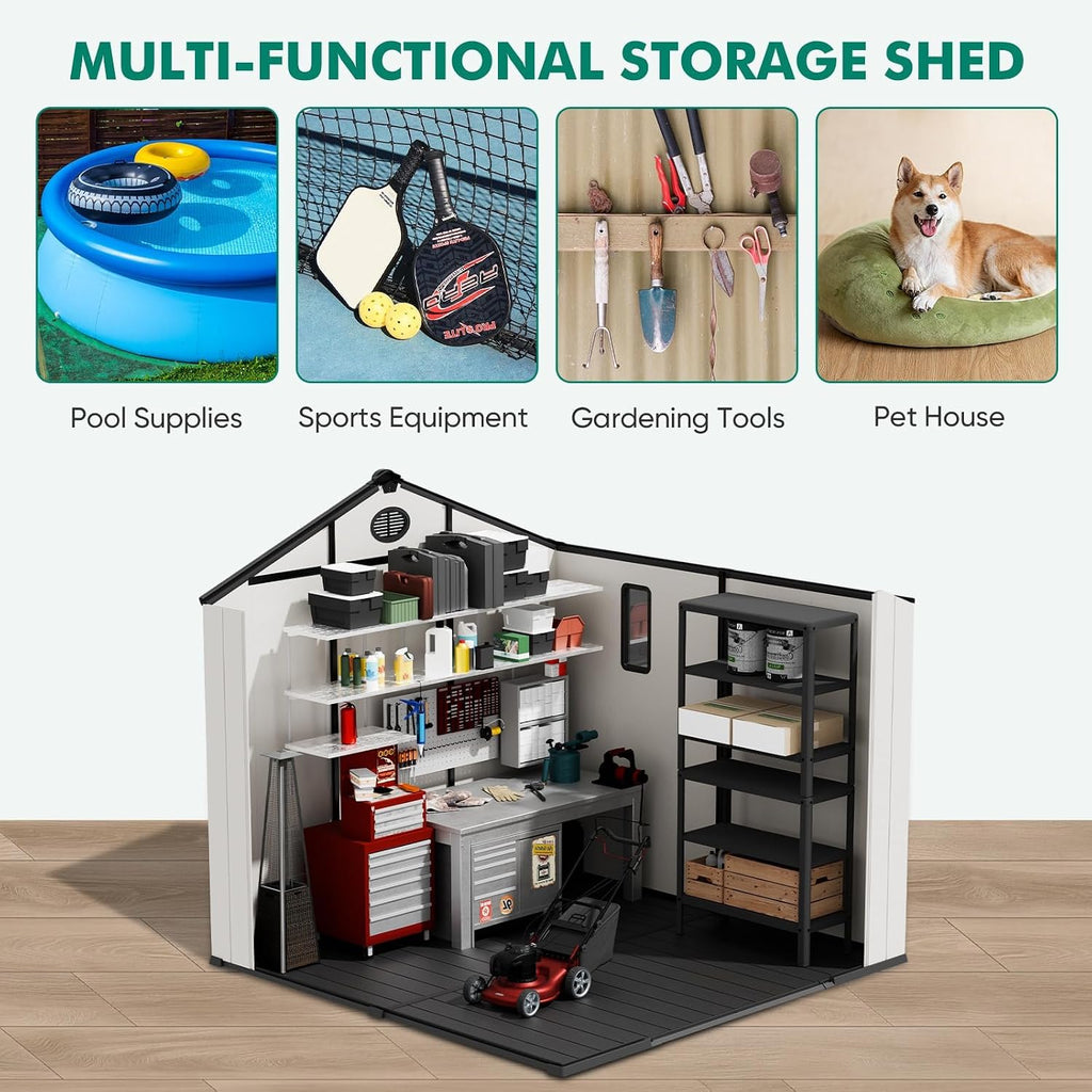 8x6 Outdoor Storage Shed with Floor, Heavy Duty Resin Tool Shed, Weather Resistant Garden Storage Building with Windows & Ventilation, White/Gray