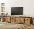 WAMPAT 118' Wide Modern Farmhouse 2 in 1 TV Stand for up to 130' TVs,Faux Bark Finish Wood Entertainment Center with 8 Drawers and Sliding Barn Doors for Living Room,Vintage Oak