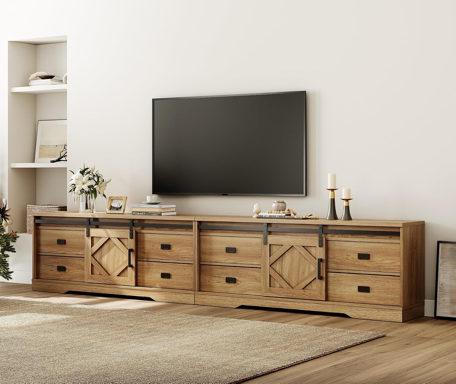 WAMPAT 118' Wide Modern Farmhouse 2 in 1 TV Stand for up to 130' TVs,Faux Bark Finish Wood Entertainment Center with 8 Drawers and Sliding Barn Doors for Living Room,Vintage Oak