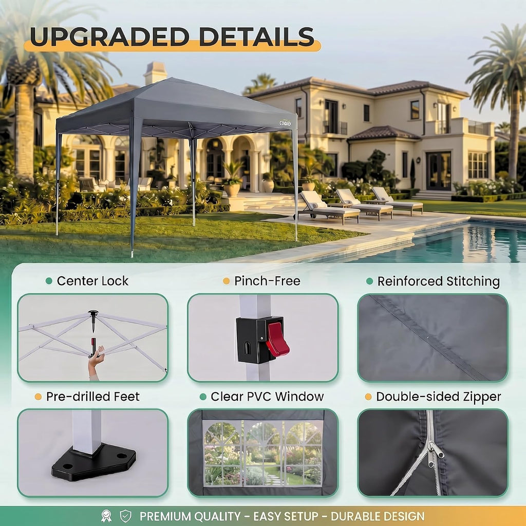 COBIZI 10x10 Pop up Canopy Tent, 10 by 10 Easy Setup Pop up Gazebo with 4 Sidewalls & Center Lock, Small Portable Instant Waterproof Outdoor Tent Canopy for Patio Backyard Vendor Event Sports, Gray