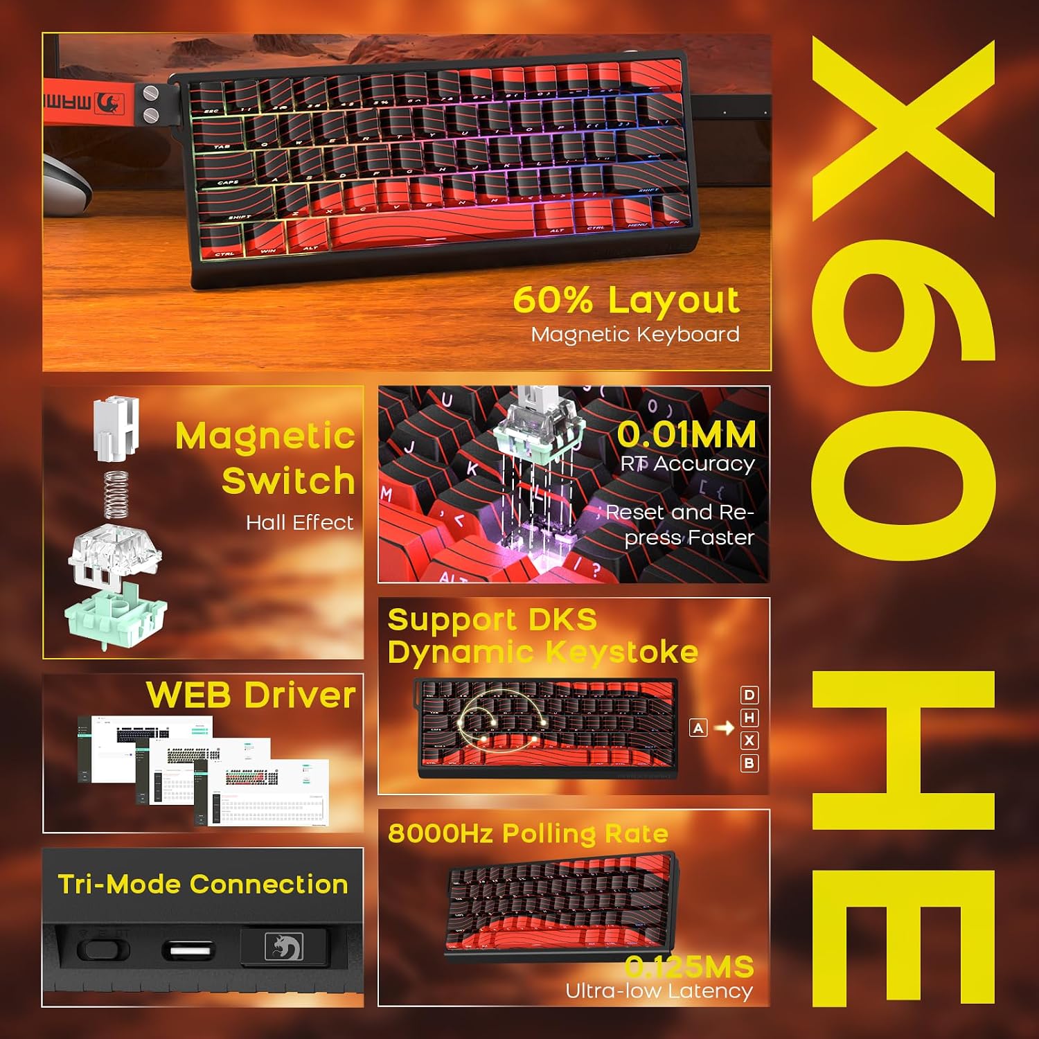 ATTACK SHARK X11 Mouse and X60 HE Keyboard Wireless Gaming Combo,Magnetic Switch,8K Polling Rate,Hall Effect,Rapid Trigger,PAW3311 Optical Sensor,22K DPI,Lightweight-Red