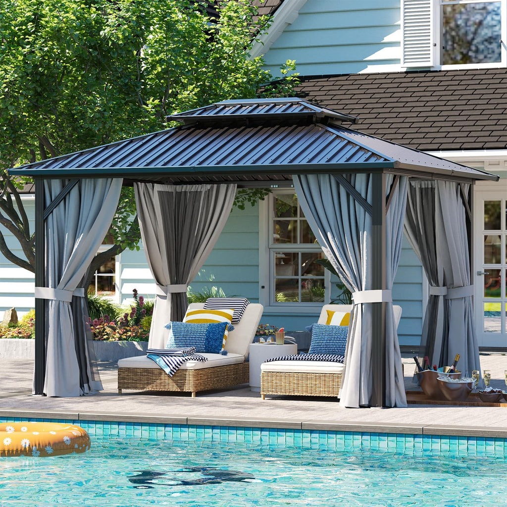 10X12 Hardtop Gazebo, Outdoor Aluminum Gazebo with Galvanized Steel Double Roof, Permanent Metal Pavilion with Netting, Curtains