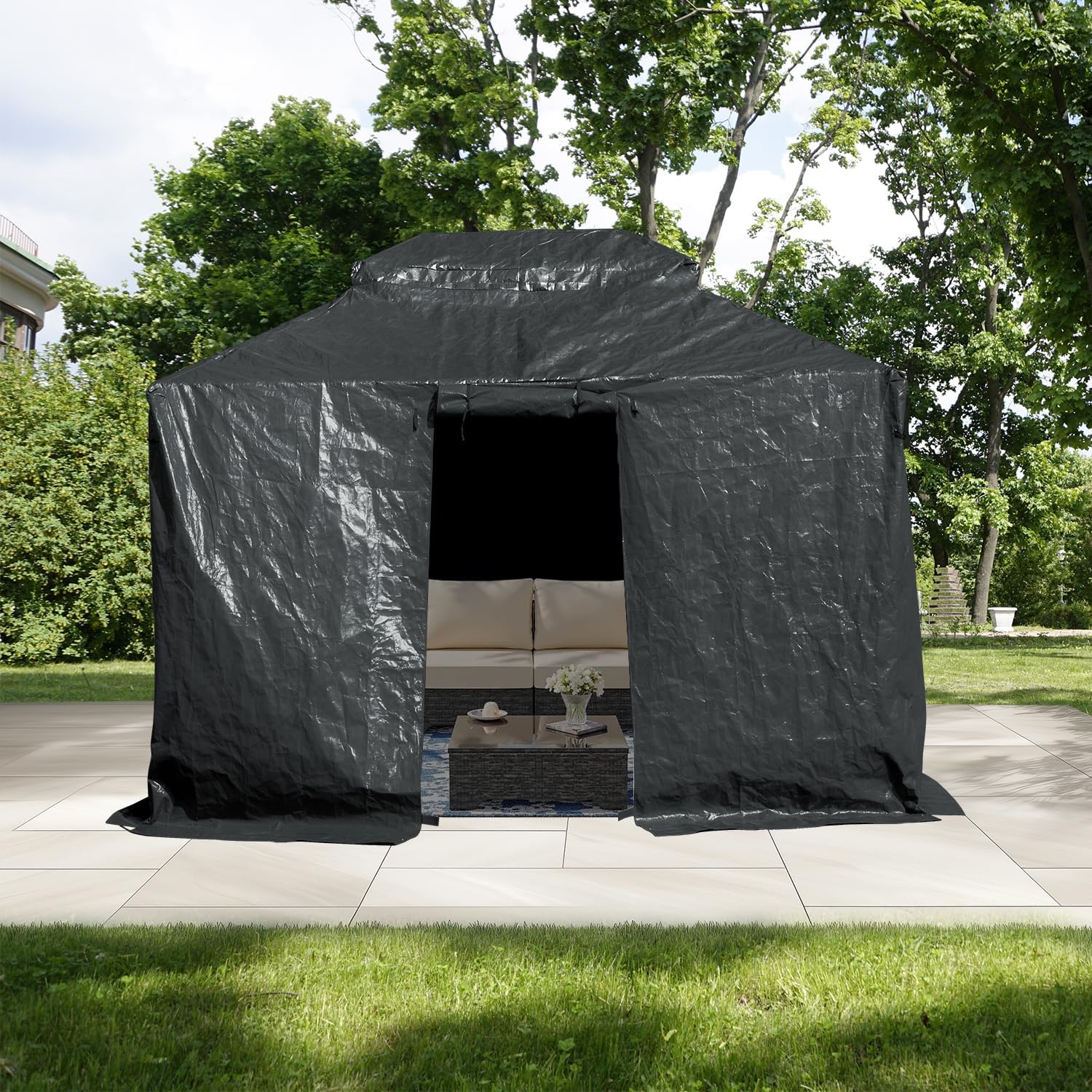 Domi 8' x 8' Universal Winter Gazebo Cover, All Season Waterproof Enclosed Cover with Sidewalls & Mesh Windows, All-Weather Gazebos Cover for Outdoor Patio Metal Hardtop Gazebo Backyard, Gray