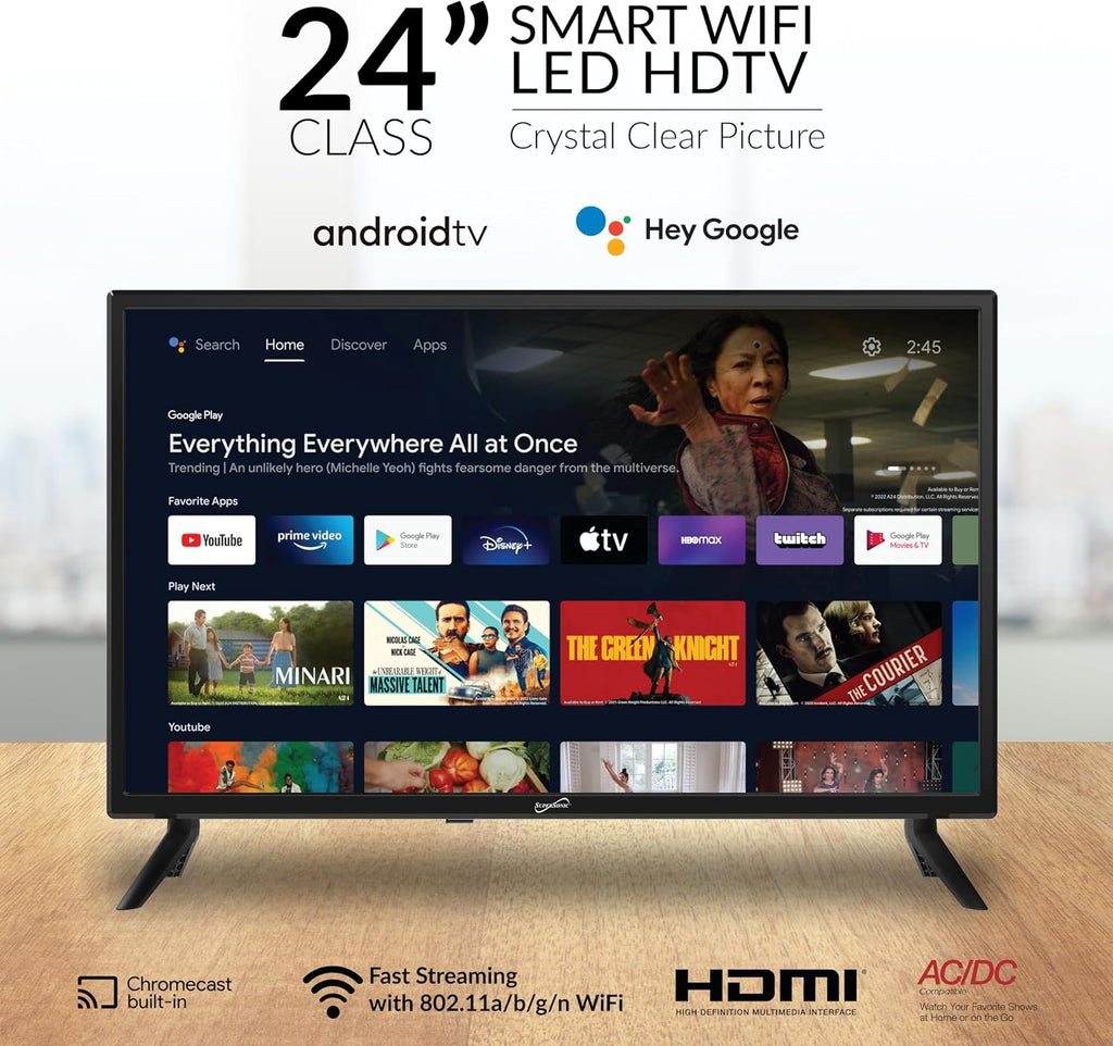 Supersonic SC-2450GTV-A 24-inch DLED Smart HDTV with Google Assistant, ATSC & NTSC System, HDMI USB Input, WiFi, 1080p Resolution, 16.7M Colors,60Hz Refresh Rate, Bluetooth, AC/DC Compatible