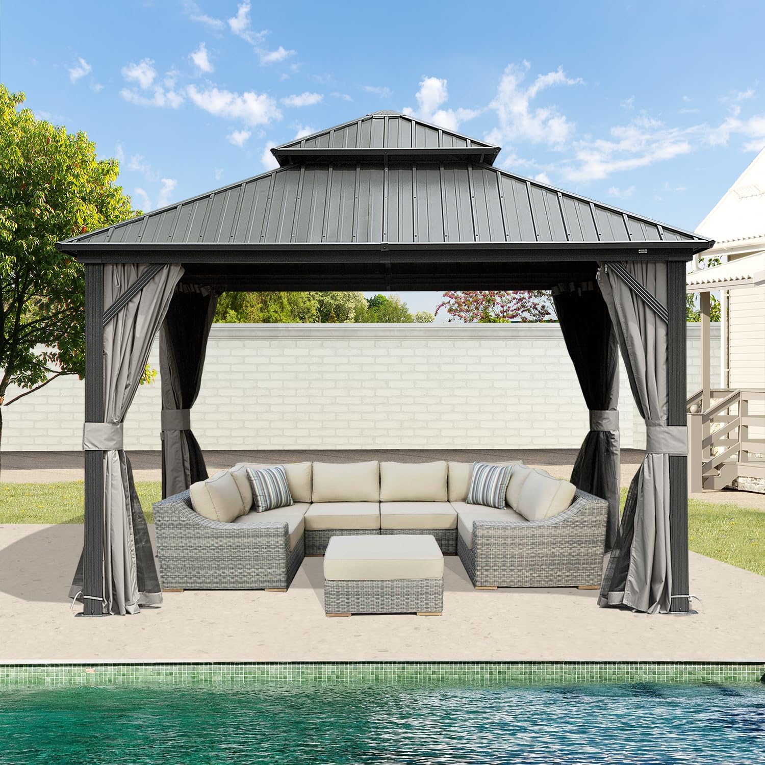 Domi Hardtop Gazebos 10x10FT, Aluminum Metal Gazebo with Galvanized Steel Double Roof Canopy, Curtain and Netting, Permanent Gazebo Pavilion for Patio, Backyard, Deck and Lawn, Grey