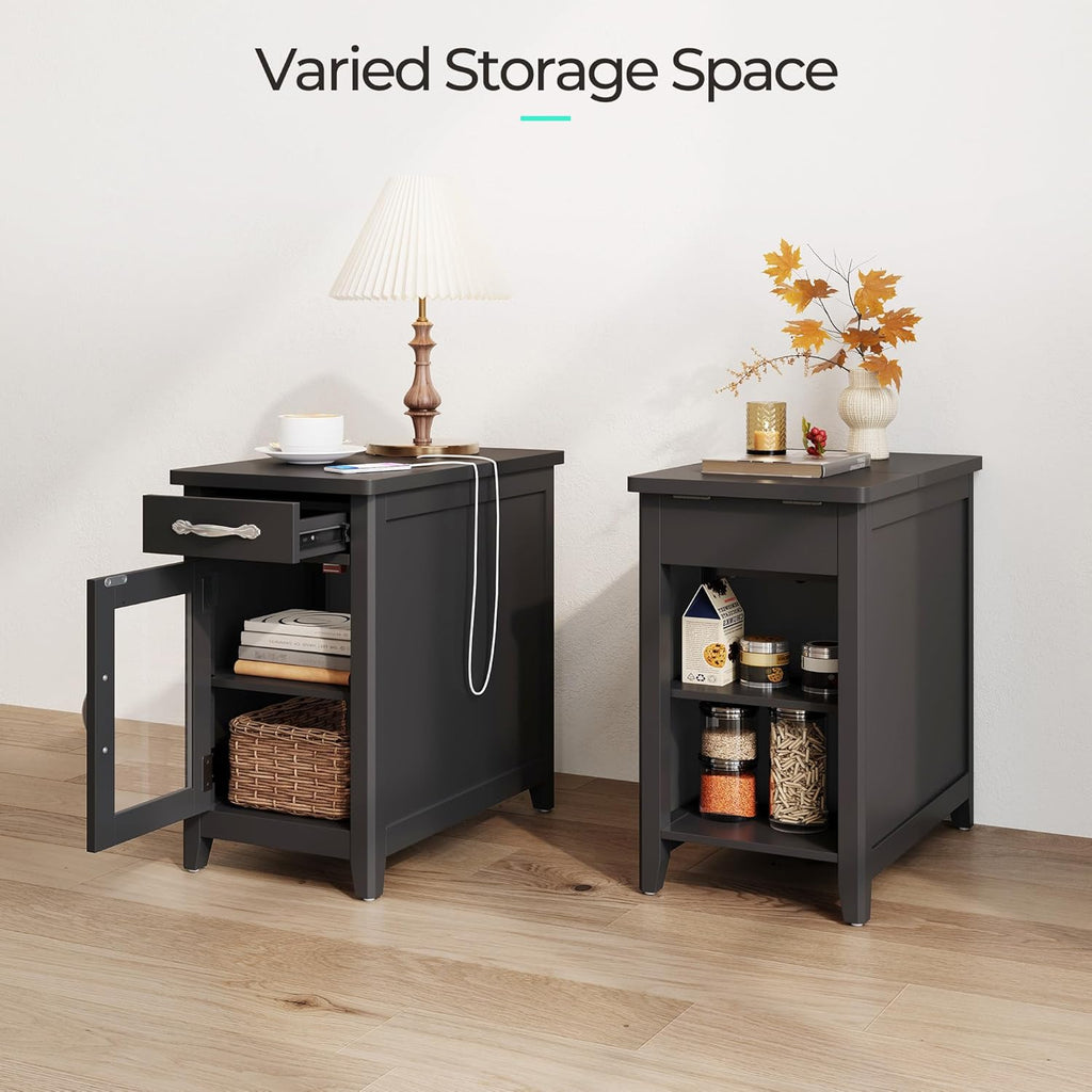 LINSY HOME End Table Set of 2 with Charging Station, Modern Farmhouse Side Table with Drawer, Wooden Narrow Bedside Table for Living Room, Slim Nightstand with Storage Cabinet, Black, Glass Door