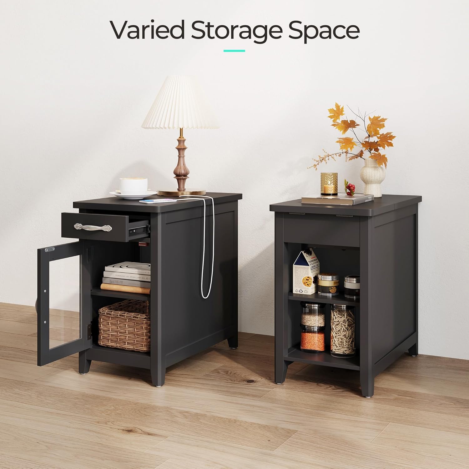 LINSY HOME End Table Set of 2 with Charging Station, Modern Farmhouse Side Table with Drawer, Wooden Narrow Bedside Table for Living Room, Slim Nightstand with Storage Cabinet, Black, Glass Door