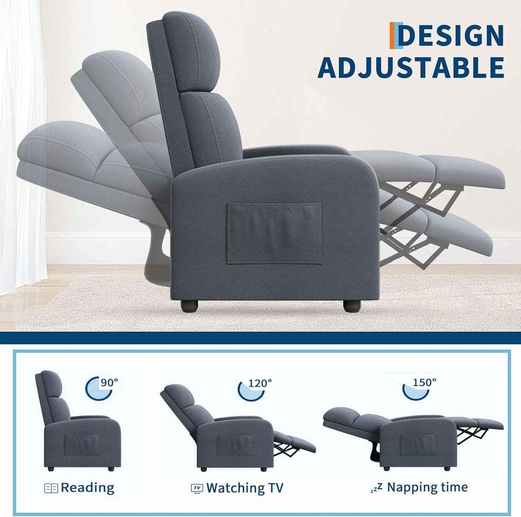 Garvee Recliner Chair for Adults, Lazy Reclining Chair Ergonomic Adjustable Single Sofa Enhanced with Side Pocket, Tall Back, Wide Arms & Padded Seat, Home Theater Seating for Living Room
