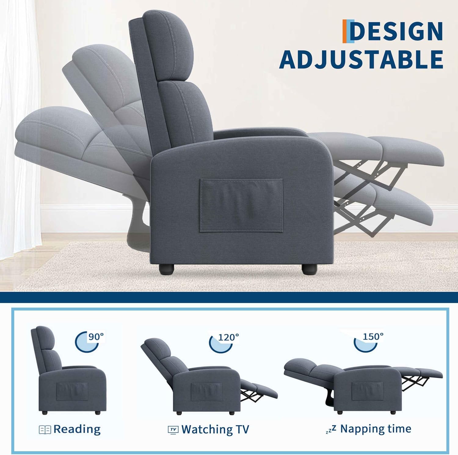 Garvee Recliner Chair for Adults, Lazy Reclining Chair Ergonomic Adjustable Single Sofa Enhanced with Side Pocket, Tall Back, Wide Arms & Padded Seat, Home Theater Seating for Living Room