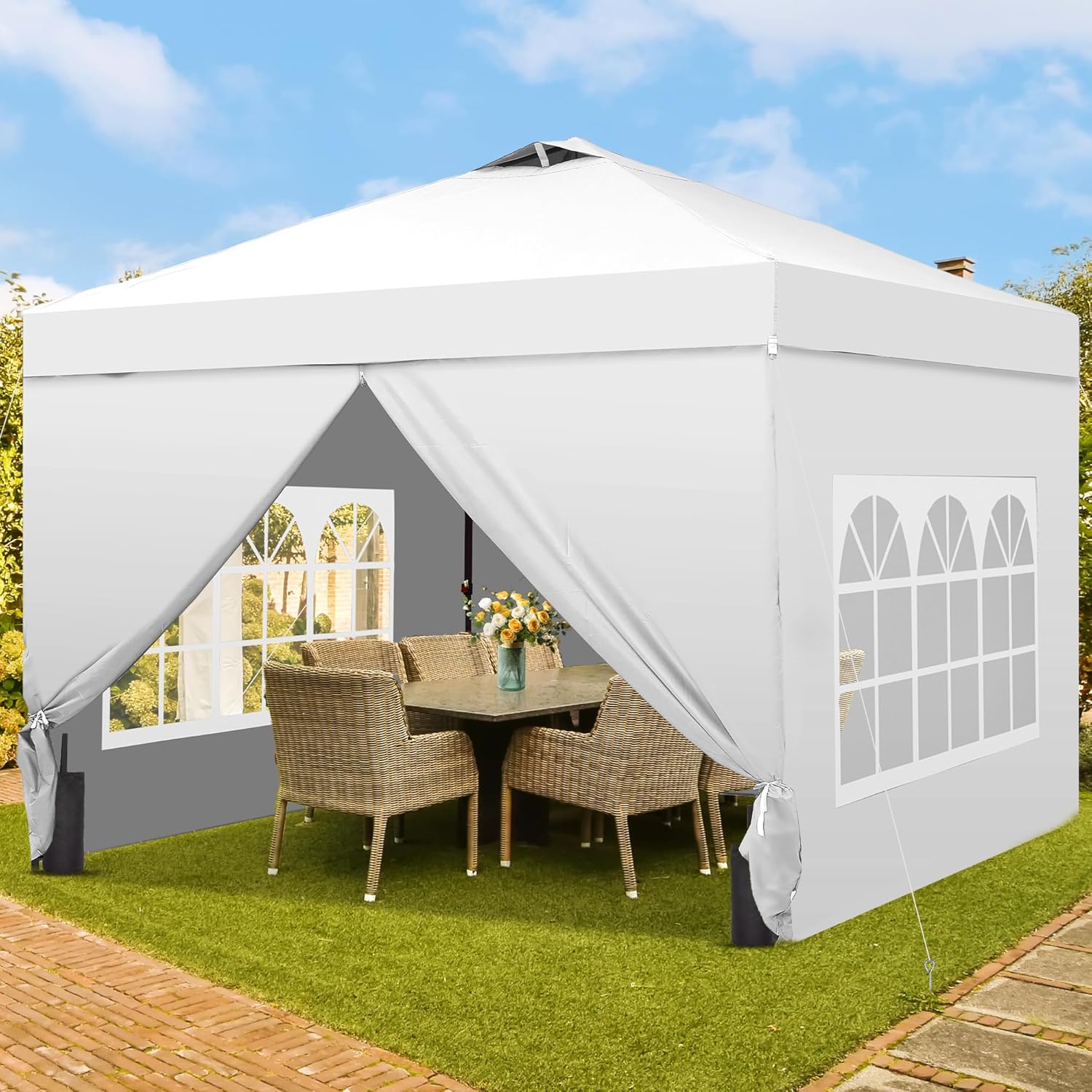 GDY 12x12 Pop Up Canopy Tent with 4 Sidewalls, Easy Set up with One Push Lift Gazebo with Wheel Bag and4 Sandbags,Carpas for Events, Parties,Camping, White.