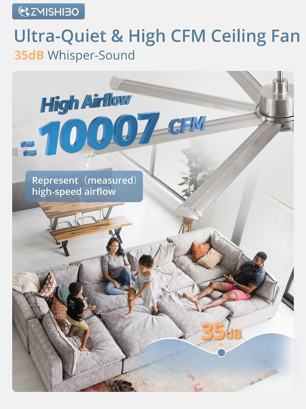 ZMISHIBO 72 Inch Ceiling Fans with Lights, Indoor/Outdoor Industrial Ceiling Fan with 8 Aluminum Reversible Blade, Quiet DC Motor, 3CCT&6-Speed Remote Control, Damp Rated for Living Room/Garage/Gazebo