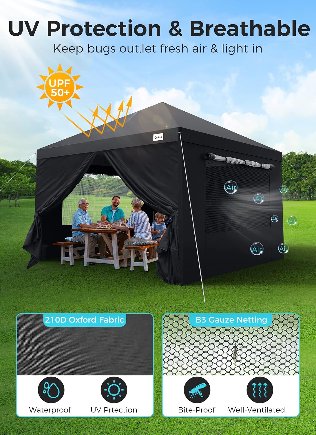 Pop up Canopy Tent - 10x10ft Outdoor Tent with Window and Removable Side Wall Door, Waterproof Camping Awning Gazebo-Tent for Outdoor, with Wheeled Storage Box