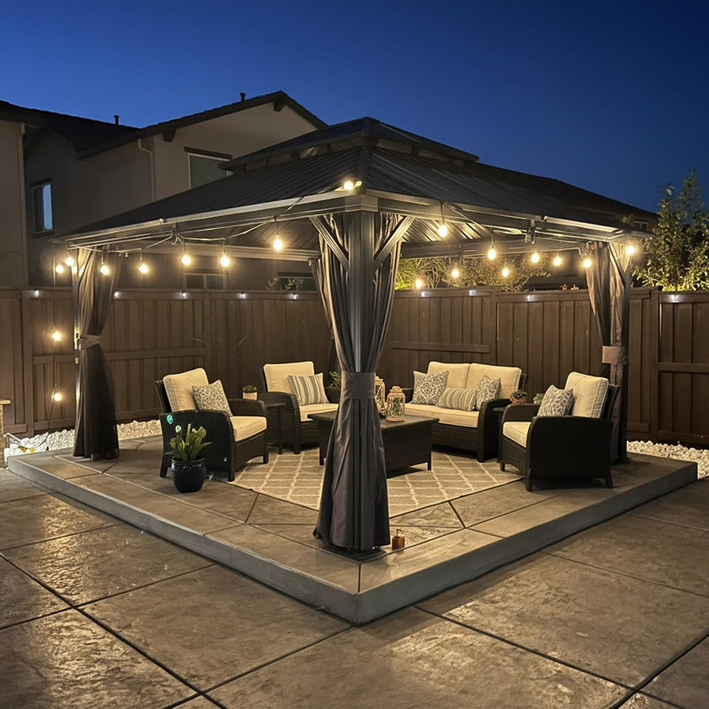 PURPLE LEAF 12'x14' Hardtop Gazebo with Lights Double Roof on Galvanized Steel Frame Outdoor Pavilion Including Netting and Curtains for Patio Garden Deck Grey