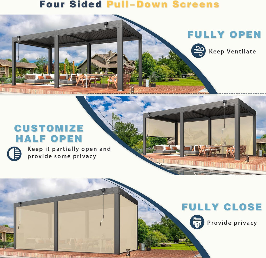 YOLENY 10x20ft Louvered Pergola, Outdoor Pergola with Adjustable Rainproof Roof, Aluminum Gazebo with 6 Panels Pull-Down Screen for Patio, Lawn, Garden, Backyard, Deck, Dark Gray