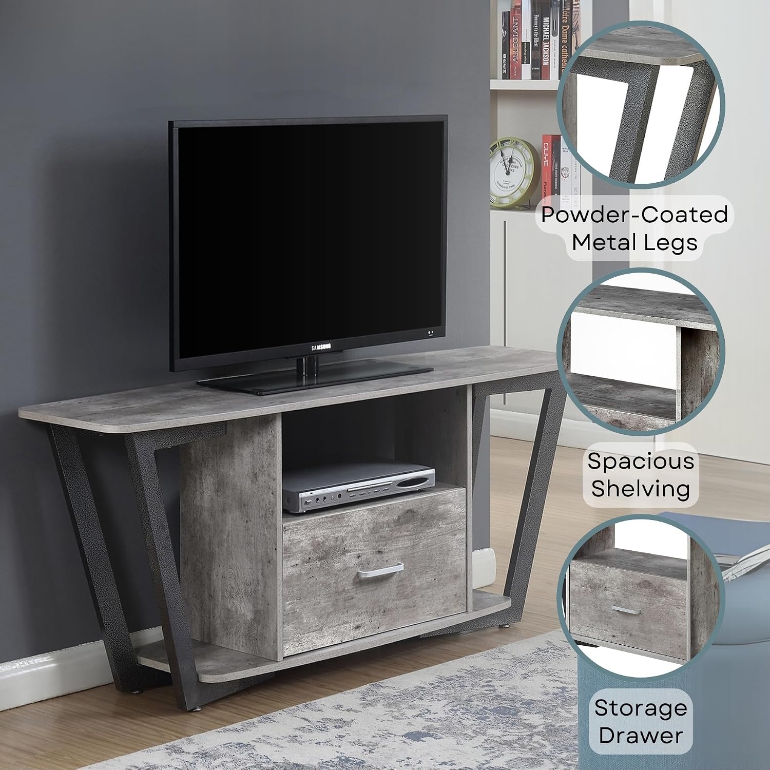 Convenience Concepts Graystone TV Stand 59.25' - Modern Entertainment Center for TVs up to 65', Industrial Media Console with Storage Drawer & Shelves for Living & Family Room, Faux Birch/Slate Gray