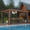 EROMMY 10' x 13' Hardtop Gazebo Outdoor Aluminum Wood Grain Gazebos with Galvanized Steel Roof and Mosquito Net for Patios, Deck,Backyard,Curtains&Netting