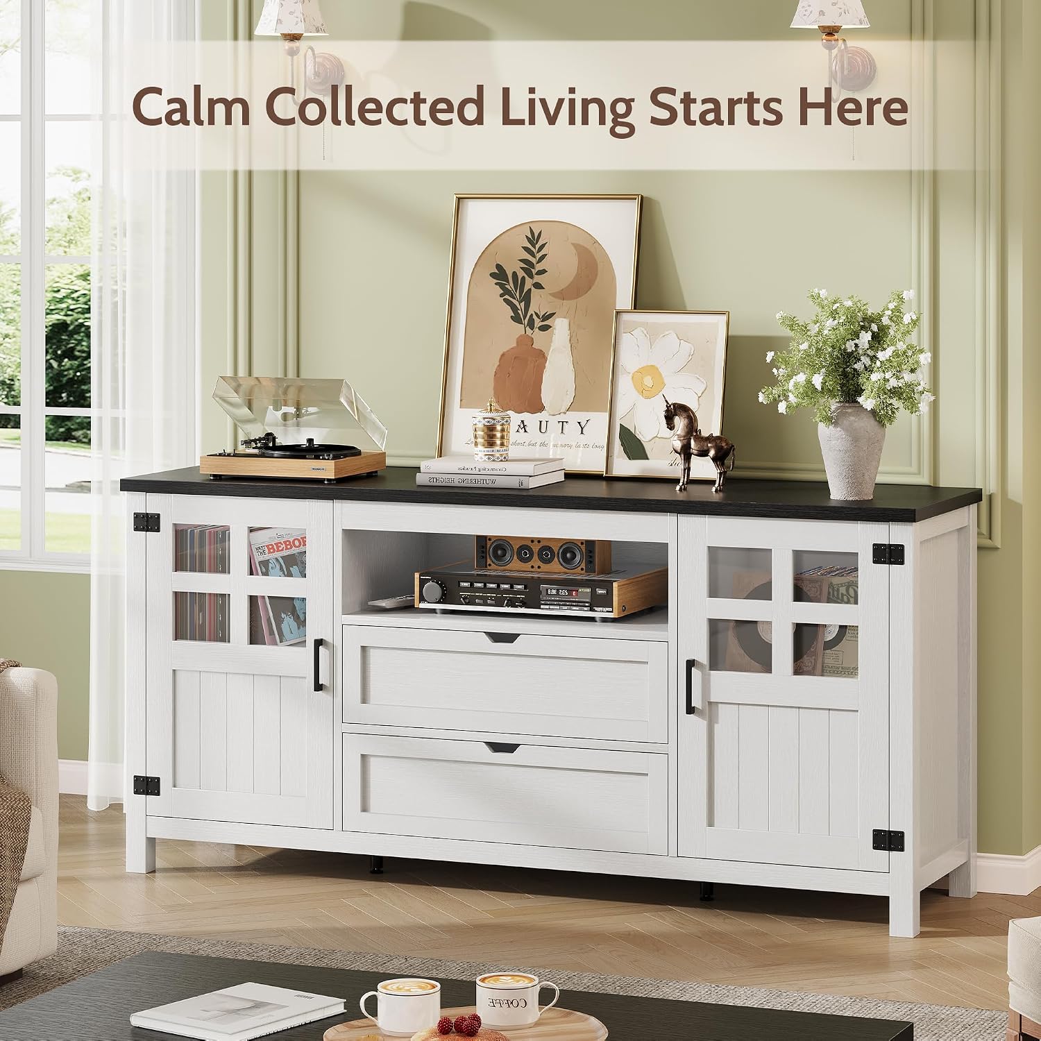 Farmhouse TV Stand for 65 70 75 Inch TVs, Entertainment Center with Adjustable Shelves, 2 Barn Doors and Drawers, Storage Media Cabinet for Living Room or Bedroom-White