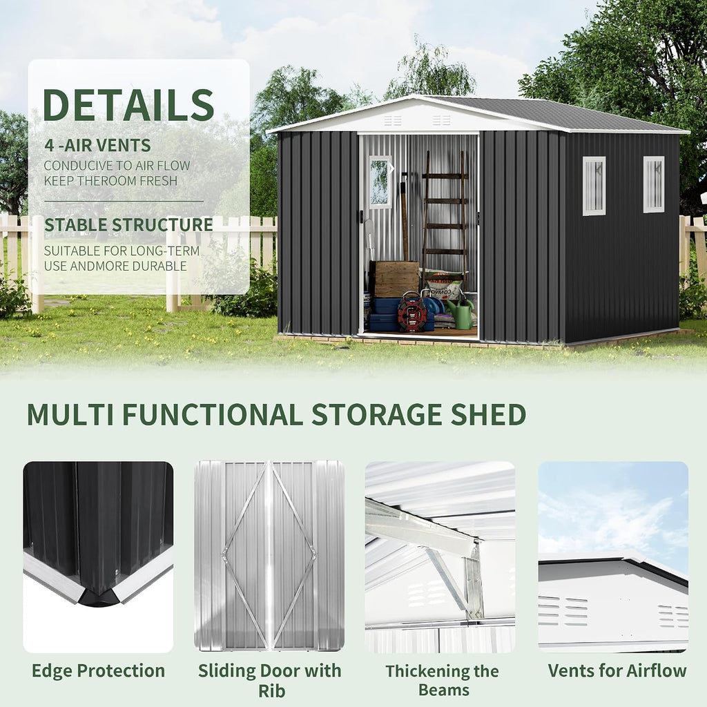 10x8 FT Large Outdoor Storage Shed with 4 Windows, Galvanized Tool Shed, Metal Garden Shed with Apex Roof & Lockable Door, Waterproof Rust-Resistant for Patio Furniture Lawnmower Bike