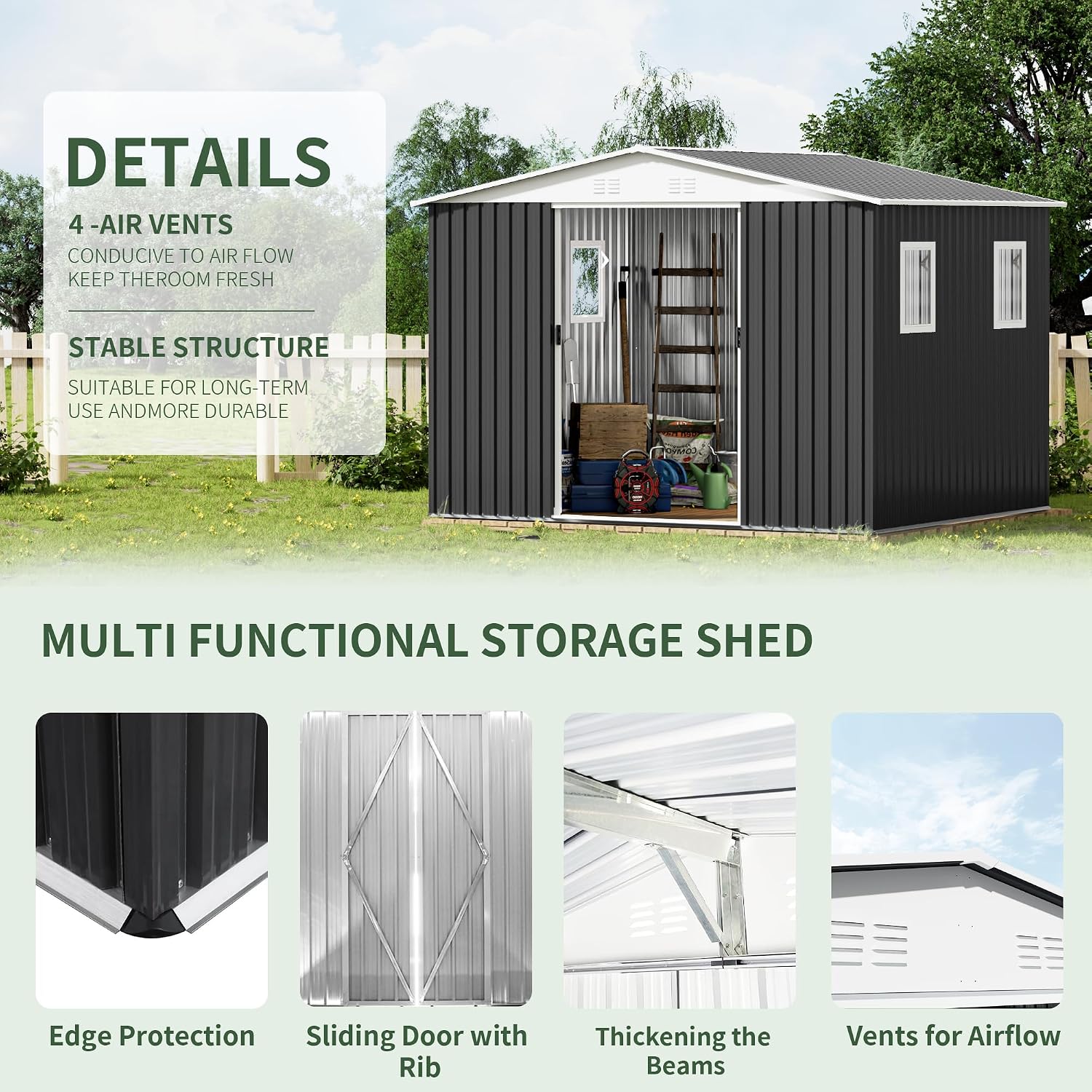 10x8 FT Large Outdoor Storage Shed with 4 Windows, Galvanized Tool Shed, Metal Garden Shed with Apex Roof & Lockable Door, Waterproof Rust-Resistant for Patio Furniture Lawnmower Bike