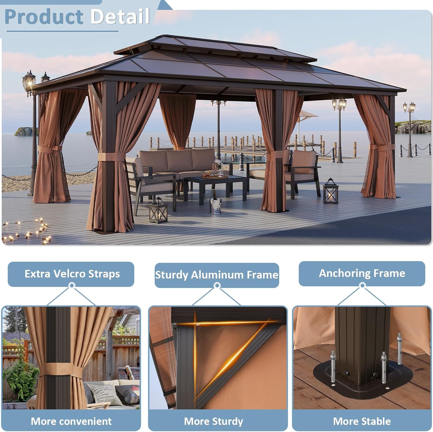 Aoxun 12'x20' Hardtop Gazebo, Aluminum Frame Permanent Pavilion with Curtains and Netting, Outdoor Polycarbonate Double Roof Canopy, Designed for Patio, Garden, Lawns