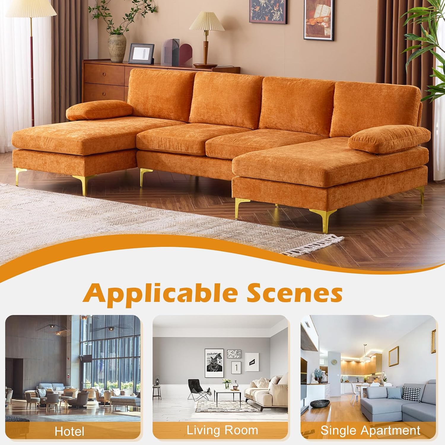 VINGLI 110' Sectional Couches for Living Room,U Shape Couch with Double Chaise, 4-Seat Sofa Set with Chenille Fabric for Home Furniture,Burnt Orange