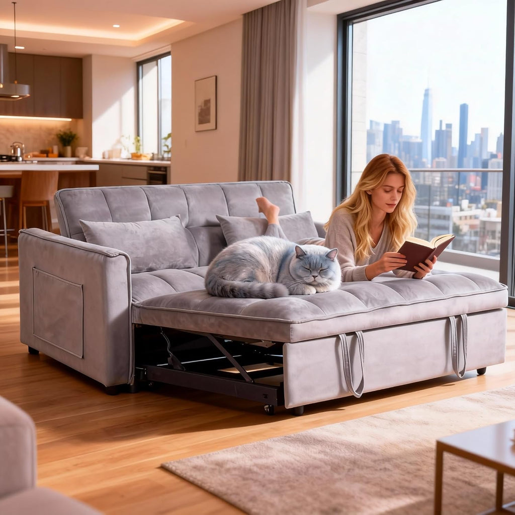3-in-1 Convertible Sleeper Sofa Bed, 63' Modern Pull Out Couch with Adjustable Reclining Backrest - Velvet Fabric Loveseat for Living Room, Bedroom, Apartment (Gray)