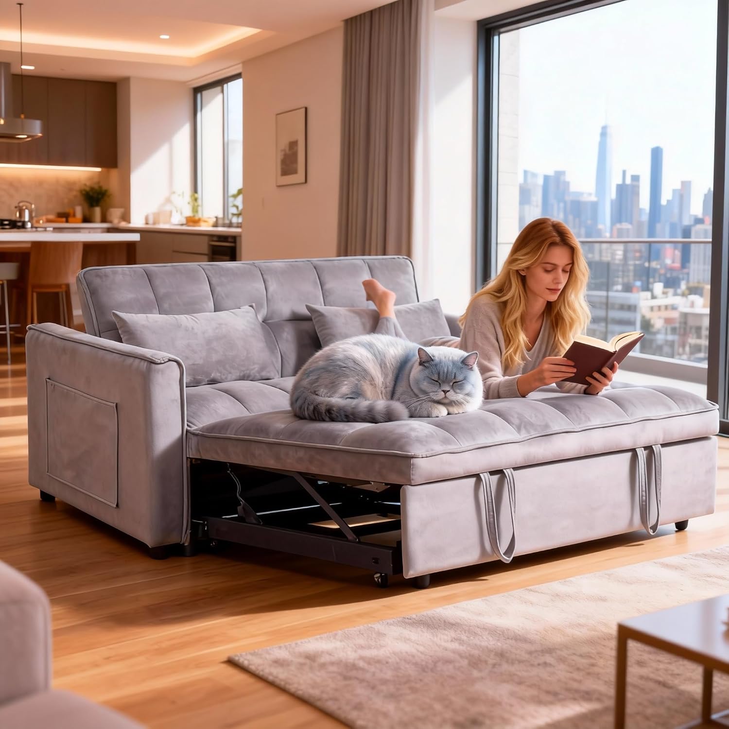3-in-1 Convertible Sleeper Sofa Bed, 63' Modern Pull Out Couch with Adjustable Reclining Backrest - Velvet Fabric Loveseat for Living Room, Bedroom, Apartment (Gray)
