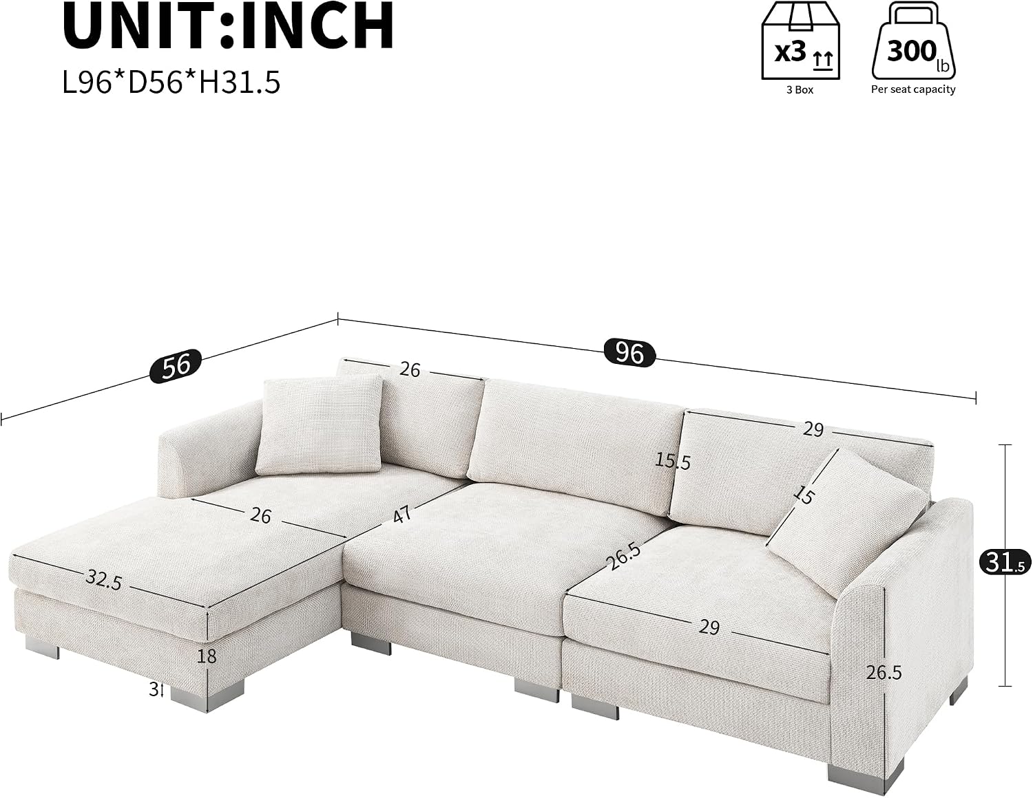 Merax Modern Chenille Sectional Sofa with Oversized Chaise, L-Shaped Couch with 2 Free Pillows, 4-Seat Sleeper Lounge for Living Room, Apartment,Office Minsk Gray
