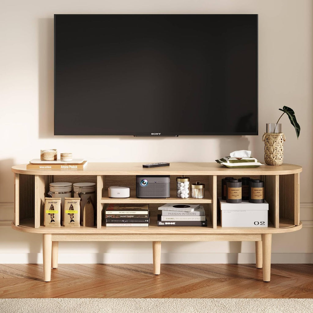 LINSY Home TV Stand for 65' TV, Mid-Century Modern 58' Entertainment Center with Sliding Tambour Door and Storage Cabinet, Cruved TV Media Console Table for Living Room, Bedroom, Oak