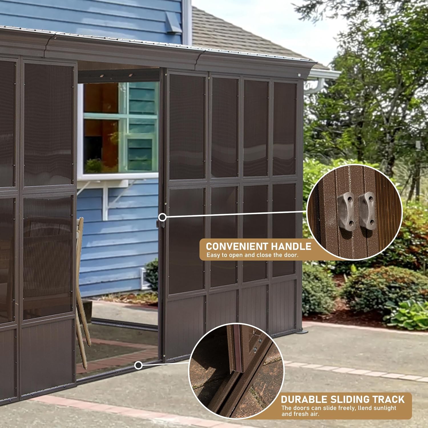 Domi 12x20FT Sun Room, Wall Mounted Gazebo Solarium with Galvanized Steel Sloping Roof, Moveable PC Screen, Front Door & 2 Side Entrance, Outdoor Aluminum Lean-to Sunroom for Patio Deck
