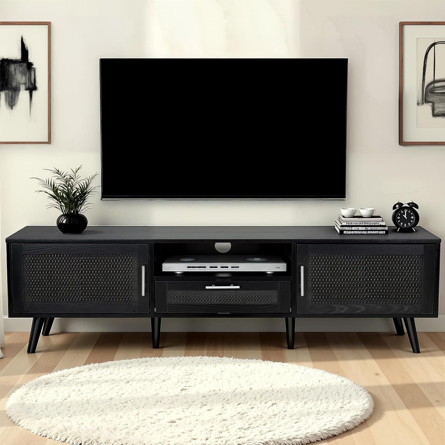 Finnhomy 59 Inch Boho TV Stand for up to 70 inch TV, TV Console with 2 Hand Made Rattan Decorated Doors, Living Room Entertainment Center TV Table with Storage, Black