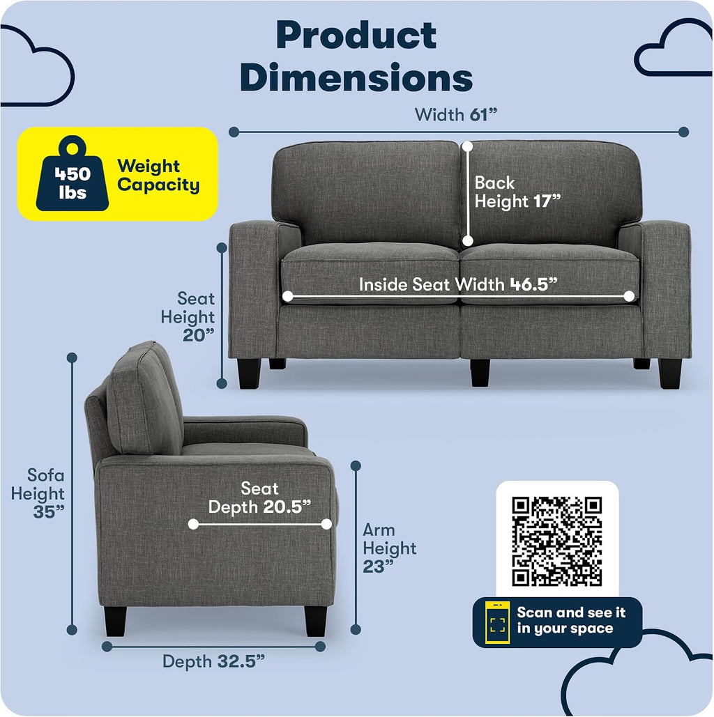 Serta Palisades 61' Track Arm Sofa, Easy Care Polyester, Soft Pillow Back, Pocket Coil Seat Cushions, Removable Covers, Loveseat or Couch for Small Spaces, Living Rooms or Bedrooms, Gray