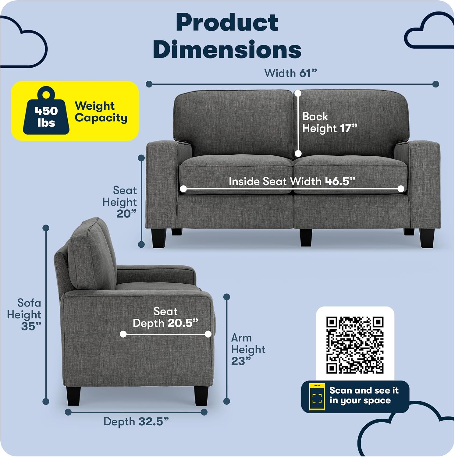 Serta Palisades 61' Track Arm Sofa, Easy Care Polyester, Soft Pillow Back, Pocket Coil Seat Cushions, Removable Covers, Loveseat or Couch for Small Spaces, Living Rooms or Bedrooms, Gray