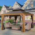 Domi Outdoor Living 12'x12' Hardtop Gazebo, Wooden Coated Aluminum Frame Canopy with Galvanized Steel Double Roof, Outdoor Permanent Metal Pavilion with Curtains and Netting for Patio, Deck and Lawn