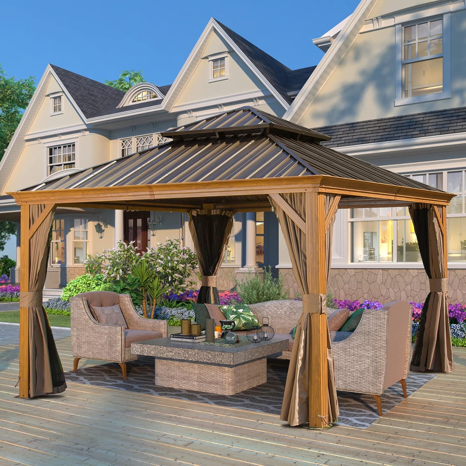 Domi Outdoor Living 12'x12' Hardtop Gazebo, Wooden Coated Aluminum Frame Canopy with Galvanized Steel Double Roof, Outdoor Permanent Metal Pavilion with Curtains and Netting for Patio, Deck and Lawn