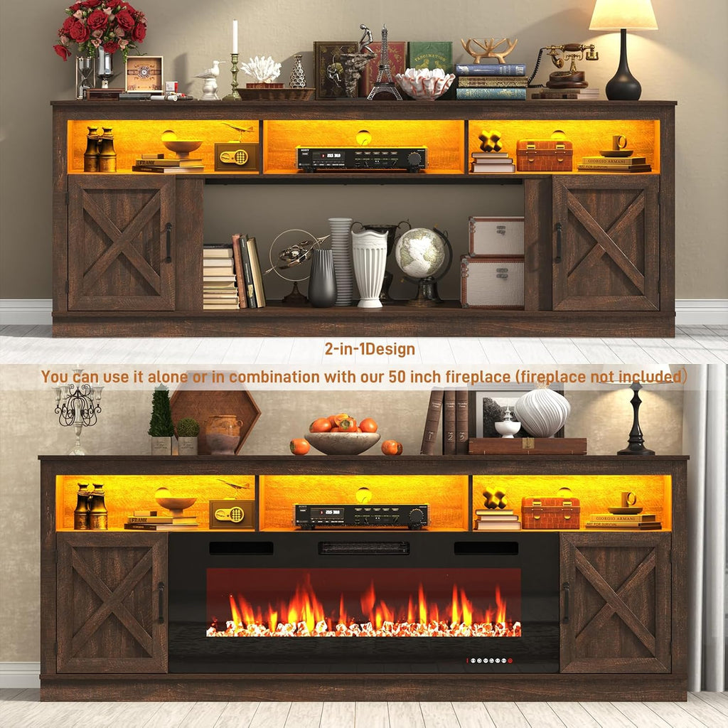 jiteentarou Farmhouse TV Stand for 85/90/95 Inch TV, 32'Tall Entertainment Center w/LED Light, Large Media Console Cabinet w/Barn Doors & Adjustable Shelves for Living Room, Brown