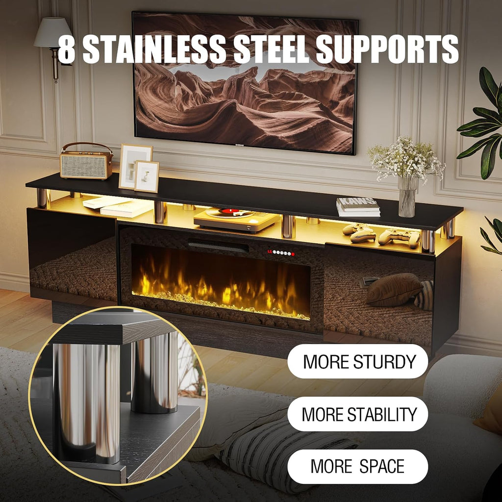PRETZI 70' Modern Fireplace TV Stand with 36' Electric Fireplace for TVs Up to 80 inch, Luxury LED Light Entertainment Center with High Gloss Cabinet, TV Consoles for Living Room, Black