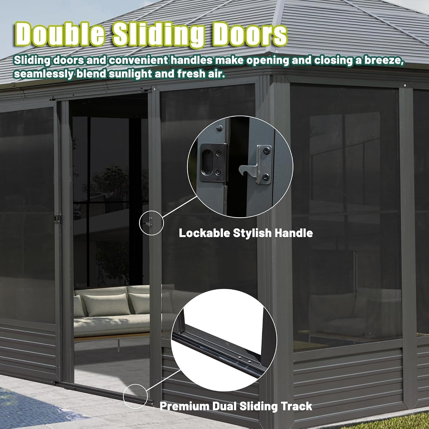 13'(W) x 16.5'(L) Outdoor Sunroom Aluminum Hardtop Gazebo with Galvanized Steel Roof, PVC Screen Walls and Sliding Doors, Gray