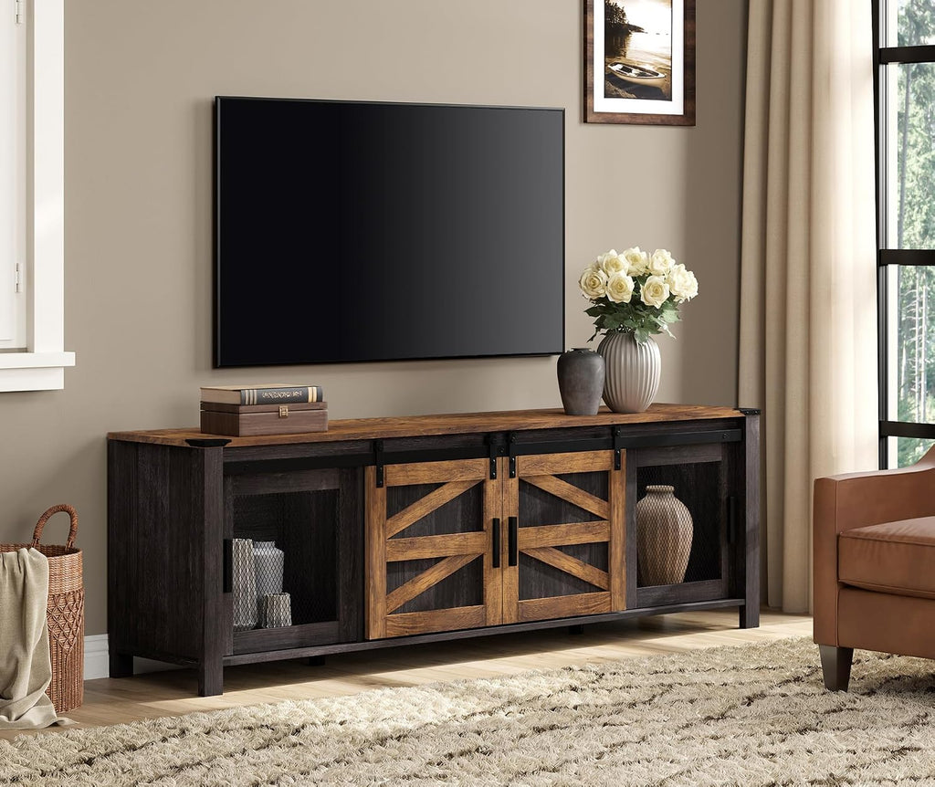 WAMPAT 70' Farmhouse TV Stand with Mesh Doors, Entertainment Center for 75' TV, Adjustable Shelves, 2 Storage Cabinets, Console Table for Living Room, Antique Brown & Black