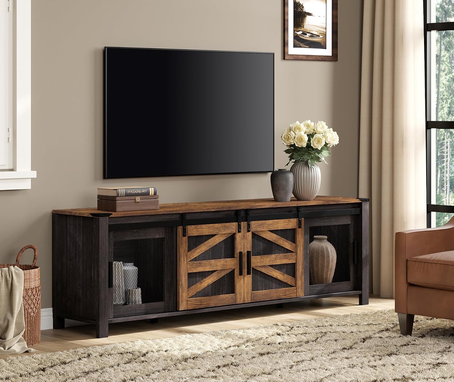 WAMPAT 70' Farmhouse TV Stand with Mesh Doors, Entertainment Center for 75' TV, Adjustable Shelves, 2 Storage Cabinets, Console Table for Living Room, Antique Brown & Black