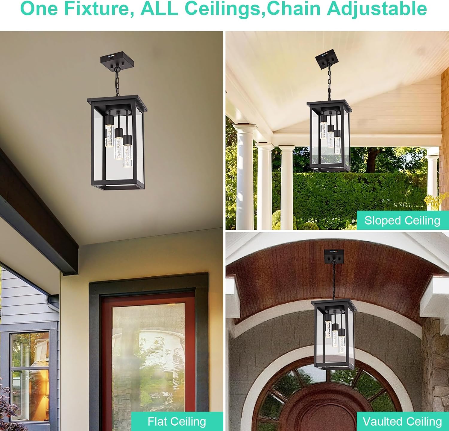 Yaohong 17' Large 5CCT LED Outdoor Pendant Light, 3-Lights Modern Oil Rubbed Bronze Hanging Ceiling Fixture with Acrylic Column & Clear Glass, Weatherproof Chandelier for Porch Gazebo Patio Entryway