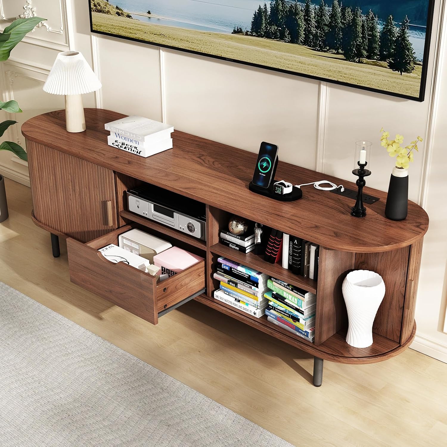 69' Mid-Century TV Stand with Power Outlet, Fluted Entertainment Center with Storage Drawer, TV Console with Sliding Door and Adjustable Shelves, TV Stand up to 80' for Living Room, Bedroom, Walnut