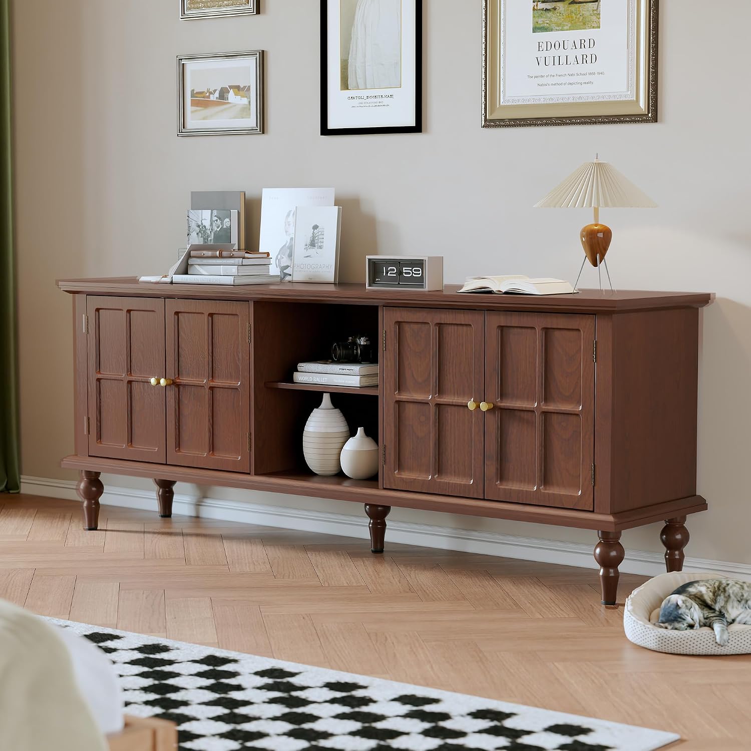 3More 67' Mid Century Modern TV Stand with Window Design,Wood Entertainment Center with Open Shelf,Up to 70' Media TV for Living Room or Bedroom,Walnut