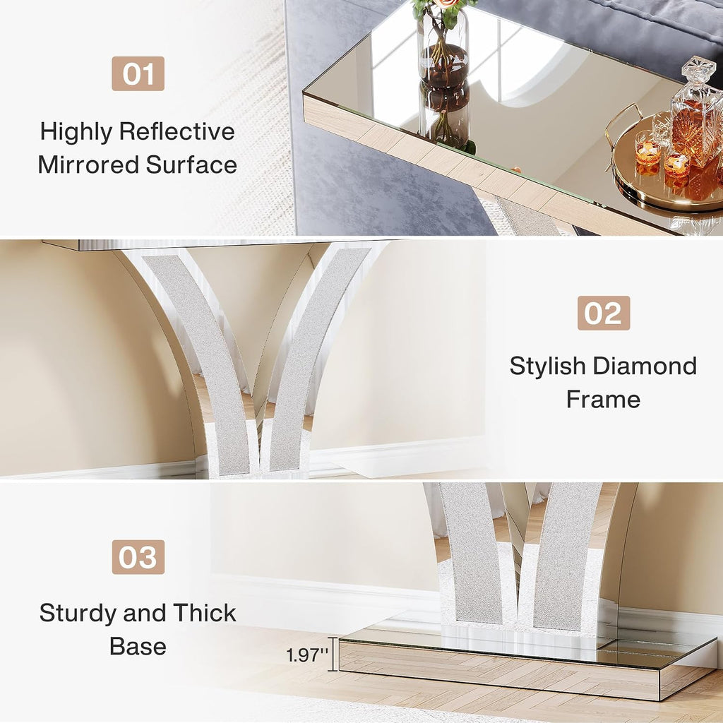 Tribesigns Mirrored Console Table, Modern Sliver Entryway Sofa Table with Crystal Inlay Frames for Living Room, Hallway, Foyer