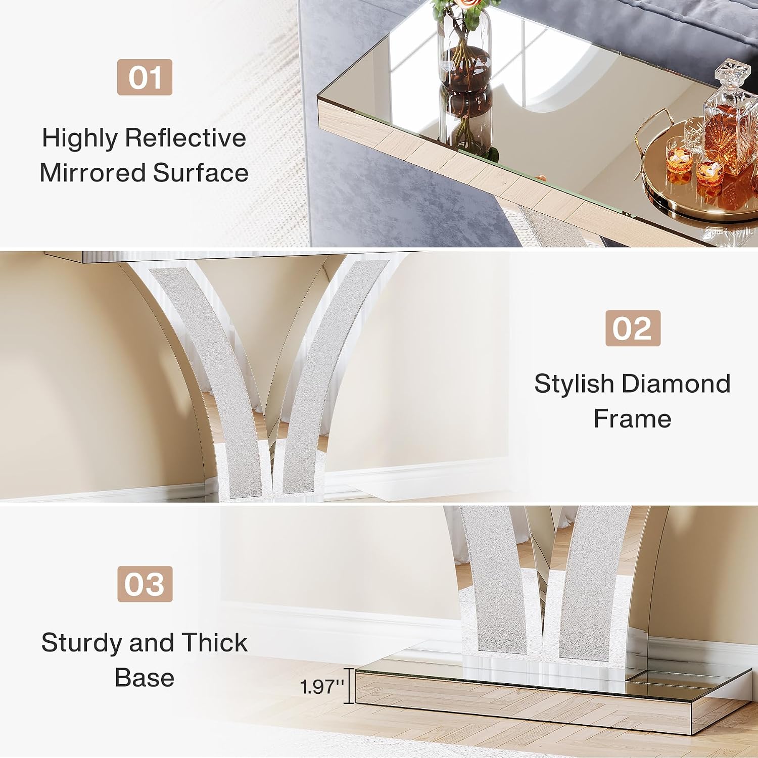 Tribesigns Mirrored Console Table, Modern Sliver Entryway Sofa Table with Crystal Inlay Frames for Living Room, Hallway, Foyer