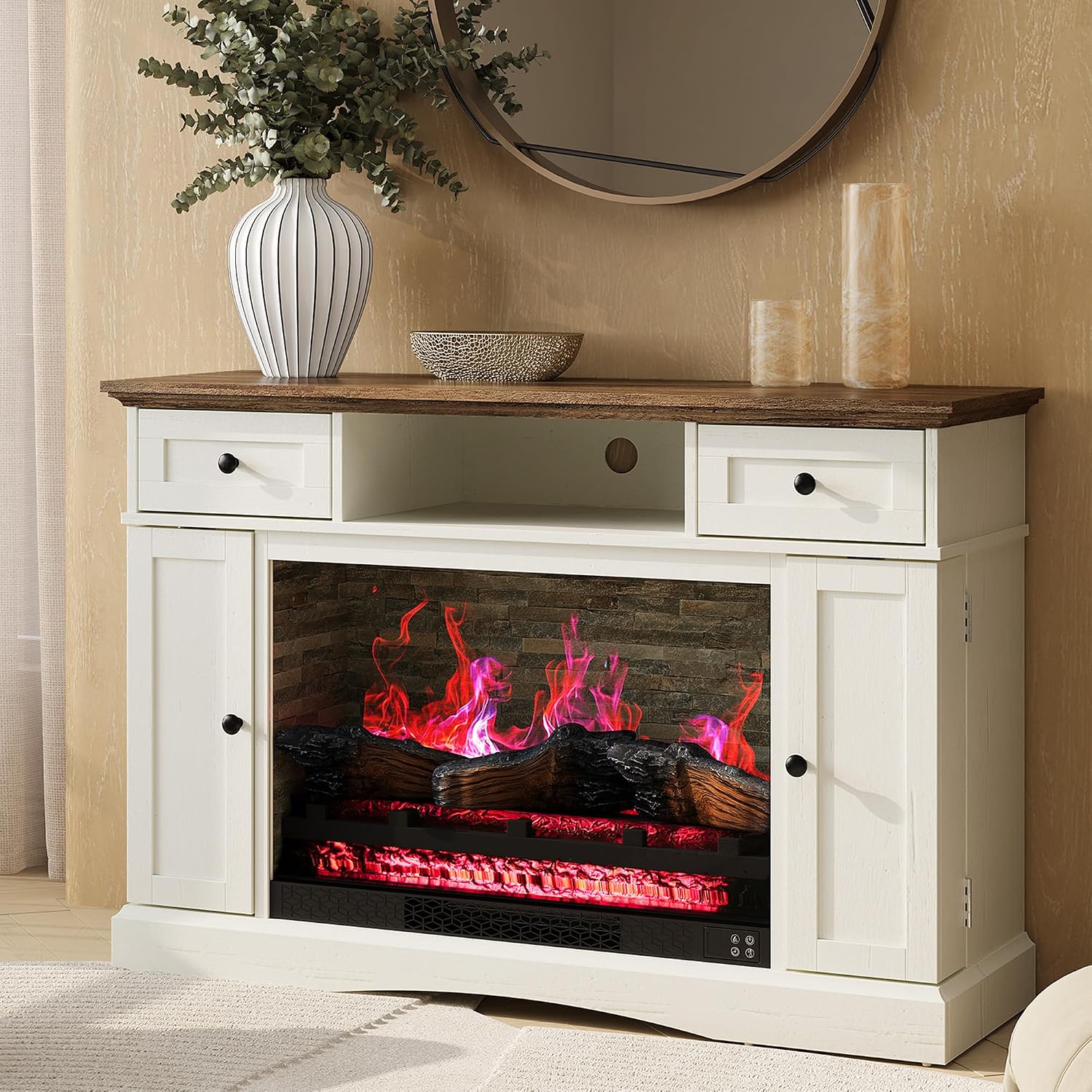 RoyalCraft TV Stand with 28'' Fireplace for TVs up to 55'', Media Console Table with Adjustable Shelves, Double-Door Design, Entertainment Center for Living Room, Bedroom, White