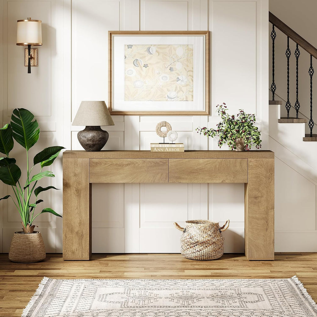 Tribesigns 63-Inch Wooden Console Table with 2 Hidden Drawers, Farmhouse Rustic Brown Sofa Table for Living Room, Hallway, Entrance, Foyer, Easy Assembly (Brown)