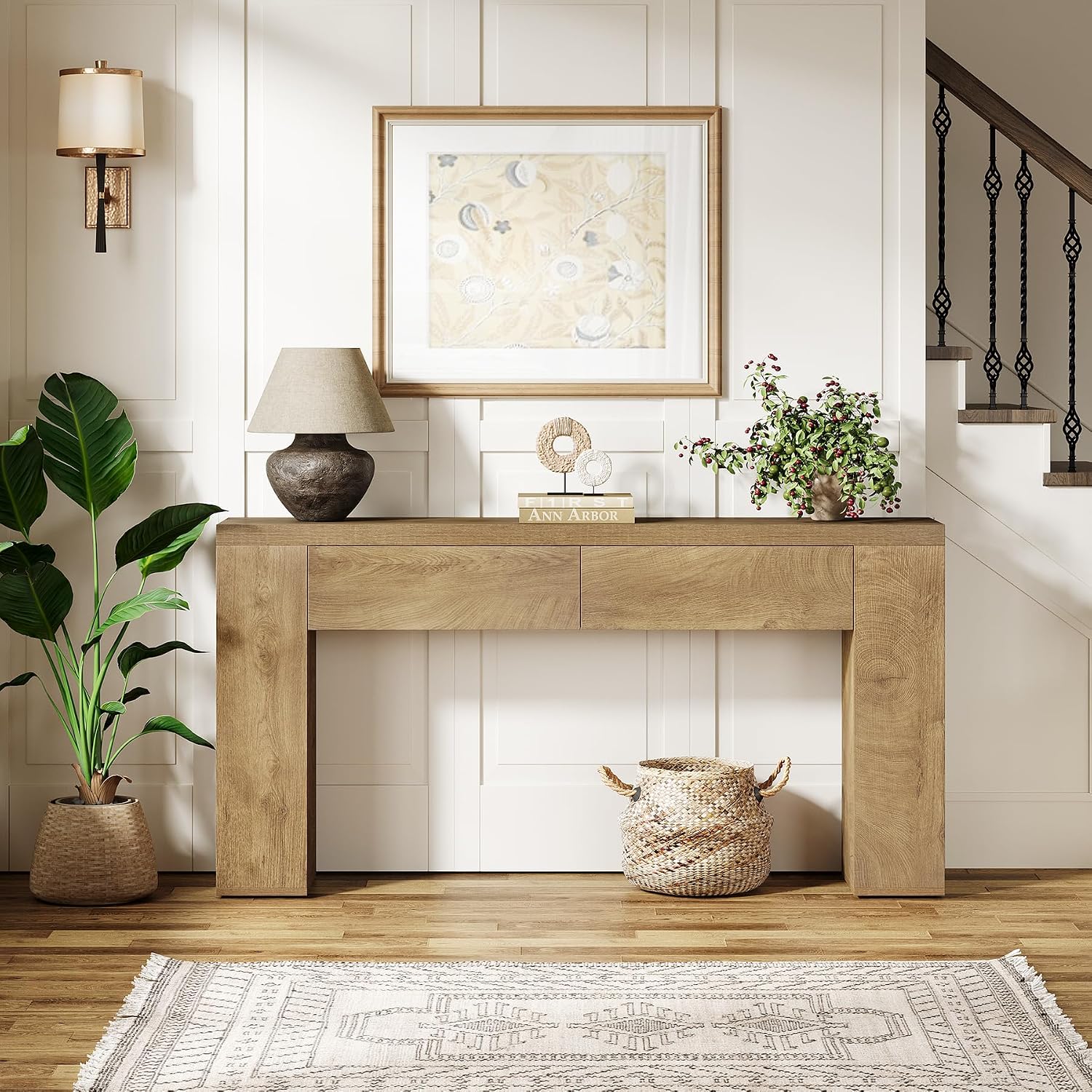 Tribesigns 63-Inch Wooden Console Table with 2 Hidden Drawers, Farmhouse Rustic Brown Sofa Table for Living Room, Hallway, Entrance, Foyer, Easy Assembly (Brown)