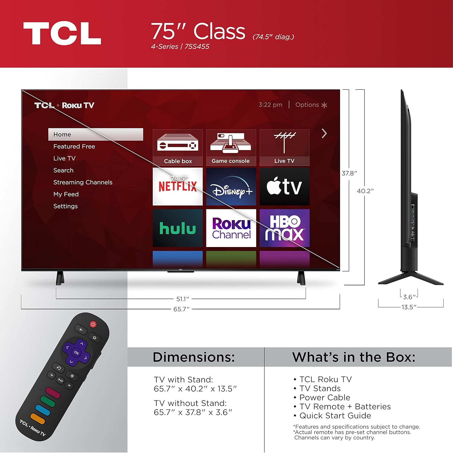 TCL 75' Class 4-Series 4K UHD HDR Smart Roku TV(Wi-Fi, RF, USB, Ethernet, HDM) I - 75S455