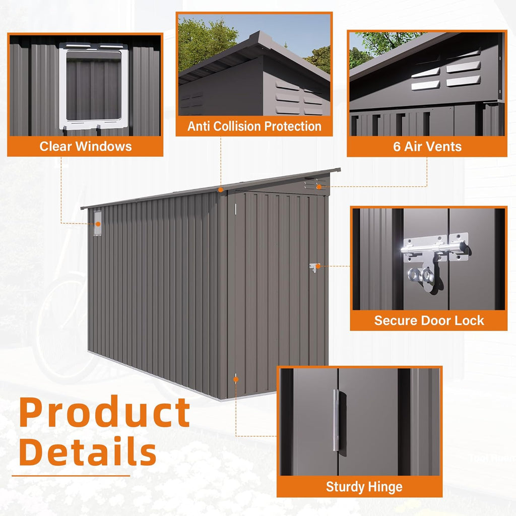 4 x 9 FT Tool Outdoor Storage Shed, Metal Storage Shed for Backyard Patio Garden,Sloped Roof Corner Fit, Side Swing Door, 2 Vents,Waterproof Backyard Garden Storage for Tools, Bikes, Sundries